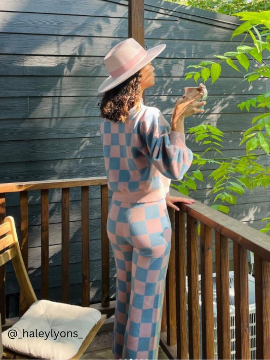 CHECKMATE SWEATER AND PANT SET-MAUVE BLUE
