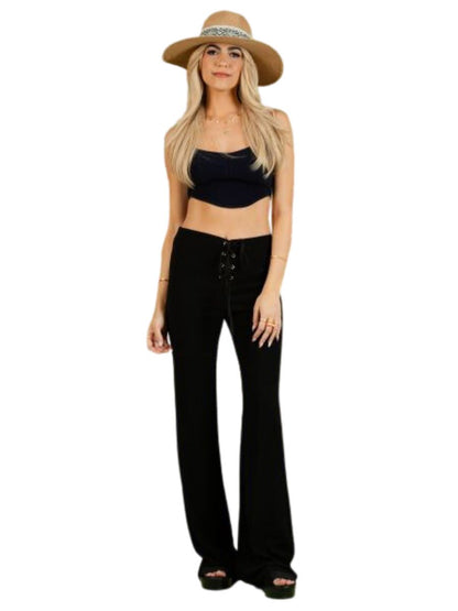 KENNA LACE FRONT FLARE PANTS-BLACK
