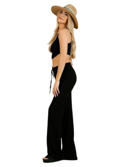 KENNA LACE FRONT FLARE PANTS-BLACK