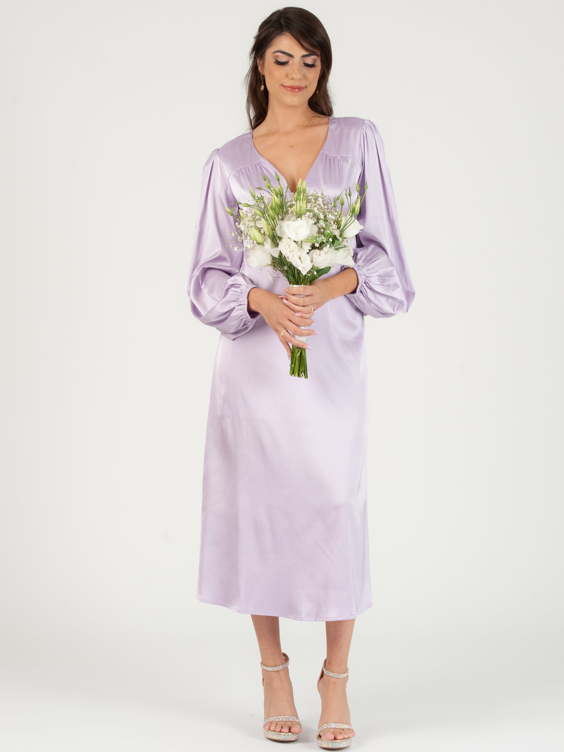 lilac satin wrap dress Lilac Wrap Satin Dress With Flutter Sleeves