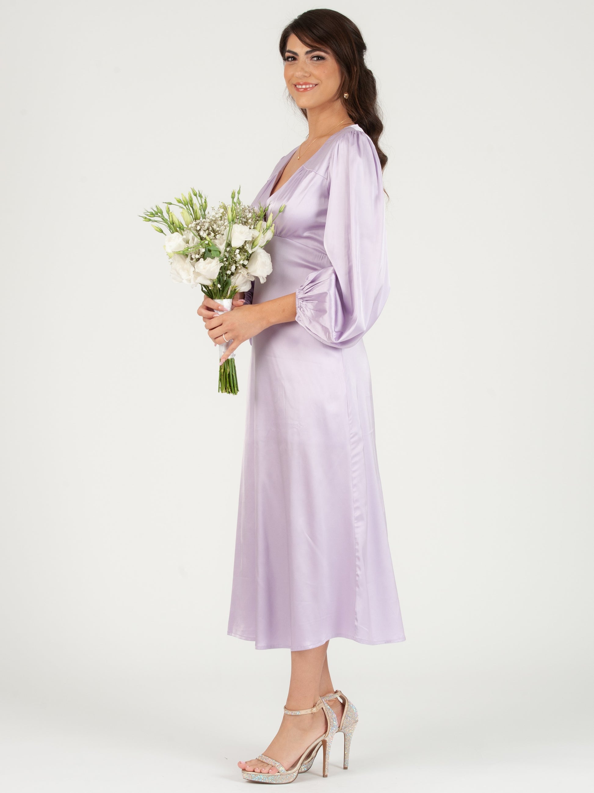 lilac satin wrap dress Lilac Wrap Satin Dress With Flutter Sleeves