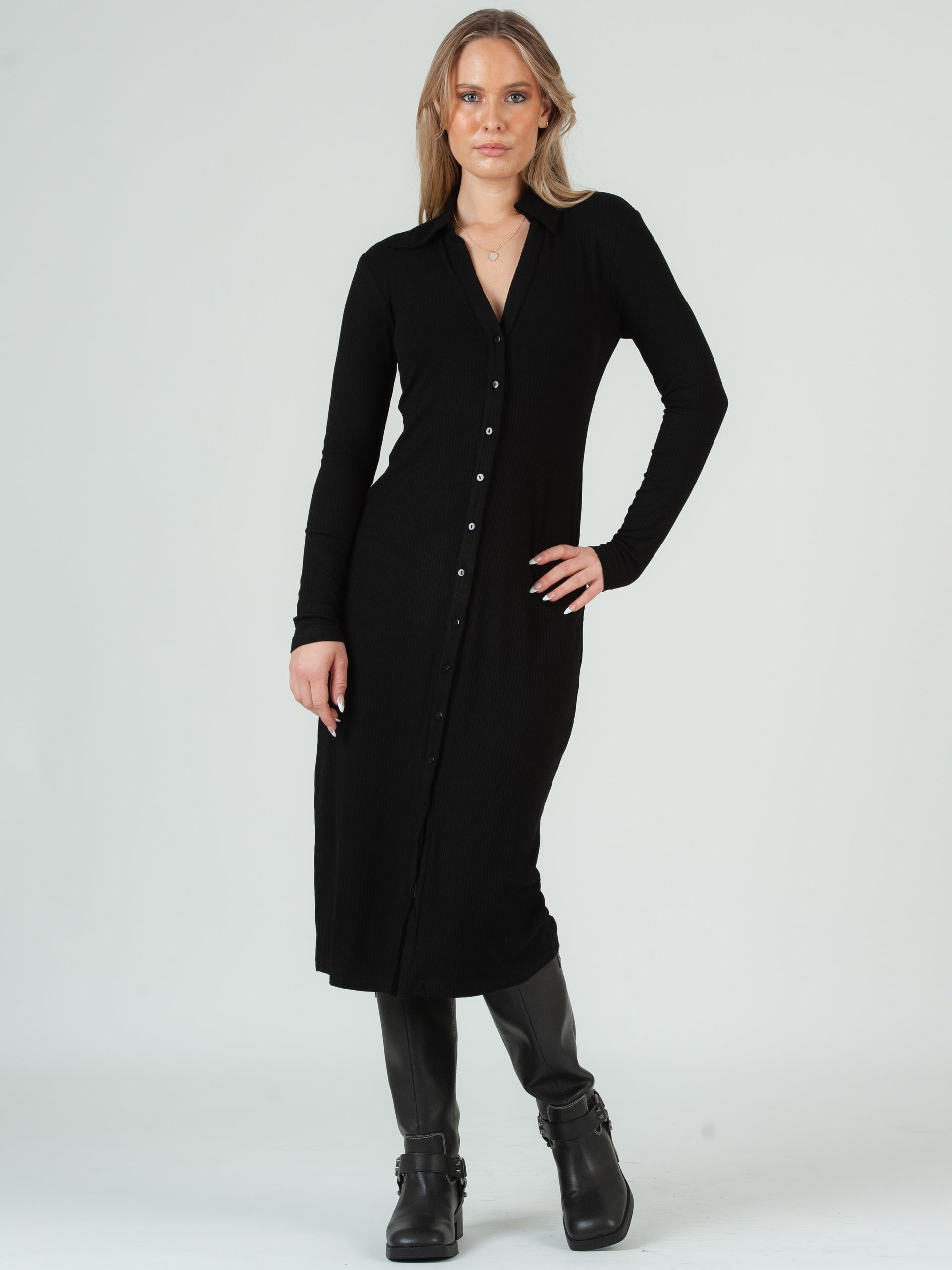 Women's Knit Ribbed Collar Button Down Midi Dress S / Clay Women's Knit Ribbed Collar Button Down Midi Dress S / Clay