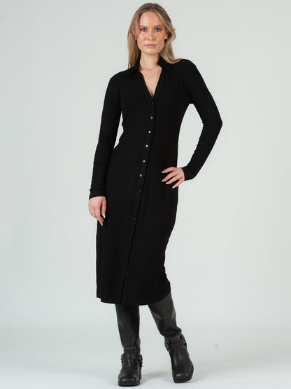 Women's Knit Ribbed Collar Button Down Midi Dress L / Black