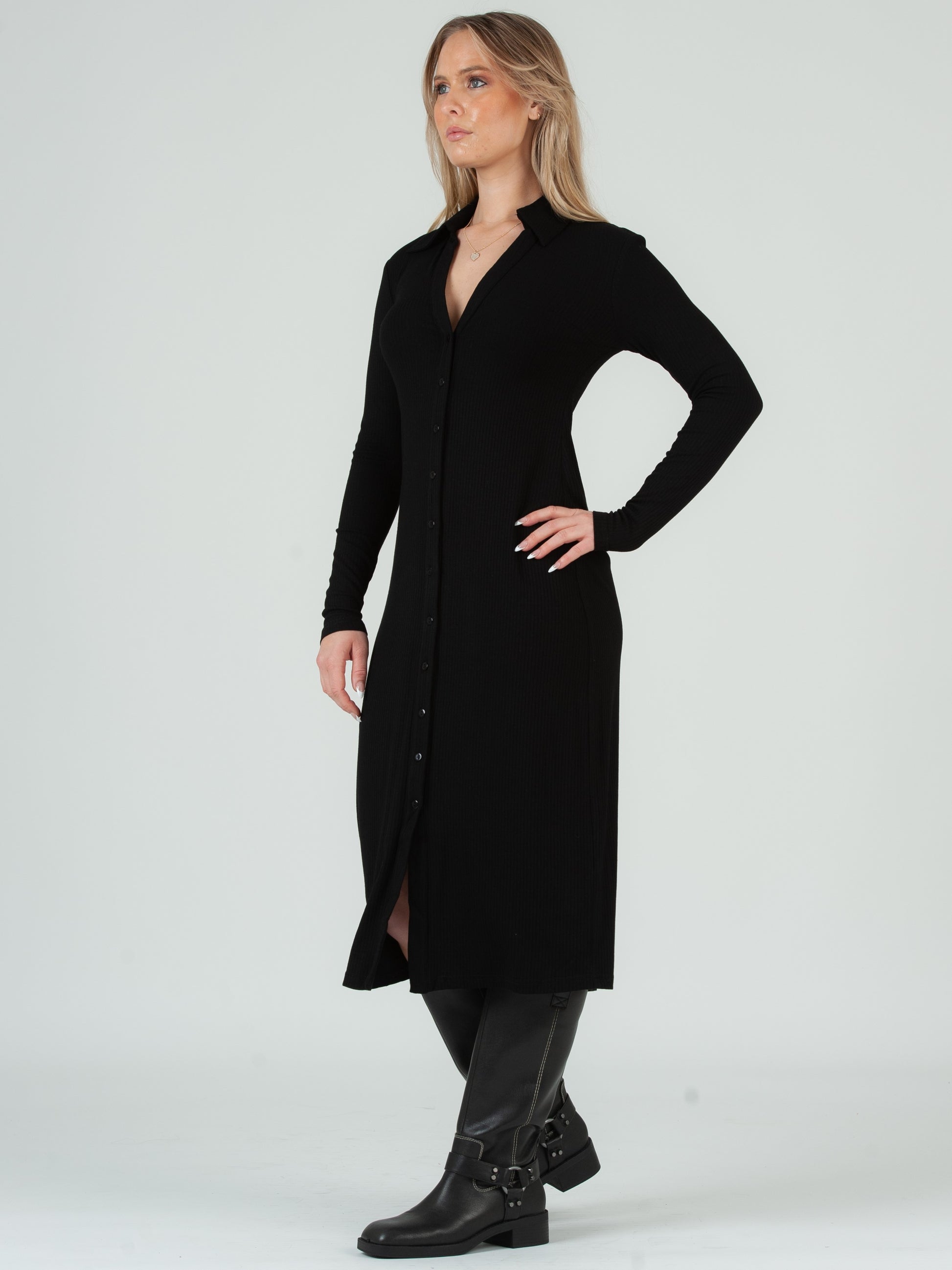 Women's Knit Ribbed Collar Button Down Midi Dress M / clay