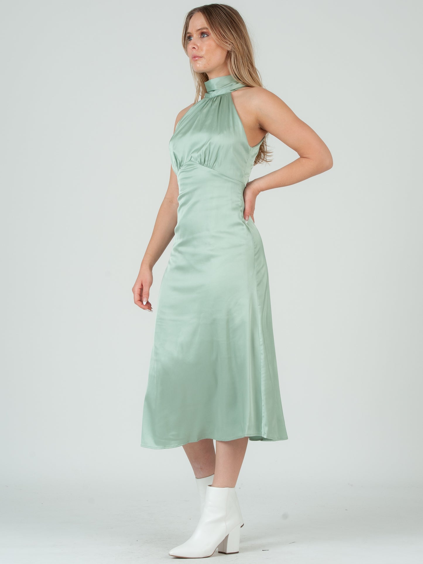 SATIN HALTER MIDI DRESS