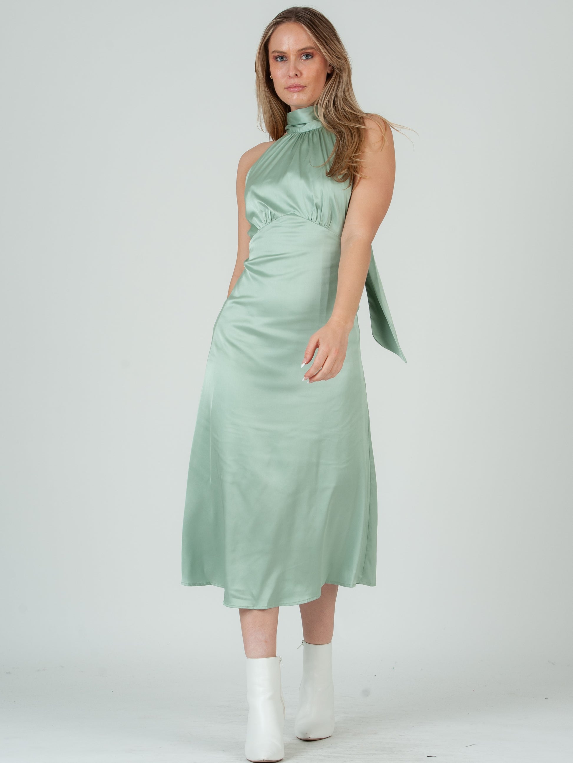 SATIN HALTER MIDI DRESS