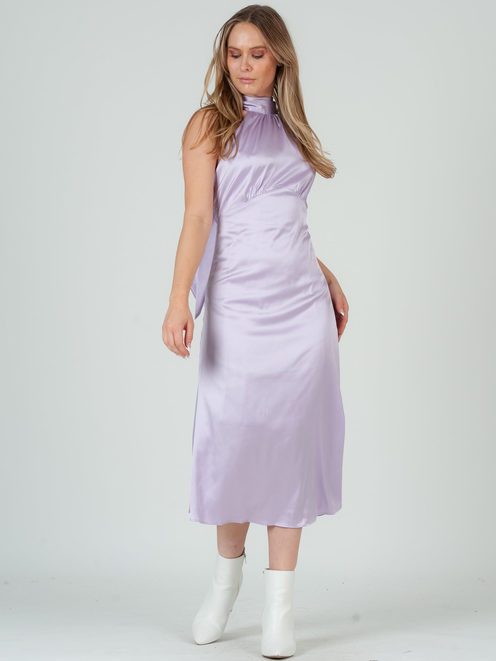 LINDSAY HALTER NECK MIDI DRESS-LILAC XS LINDSAY HALTER NECK MIDI DRESS-LILAC XS