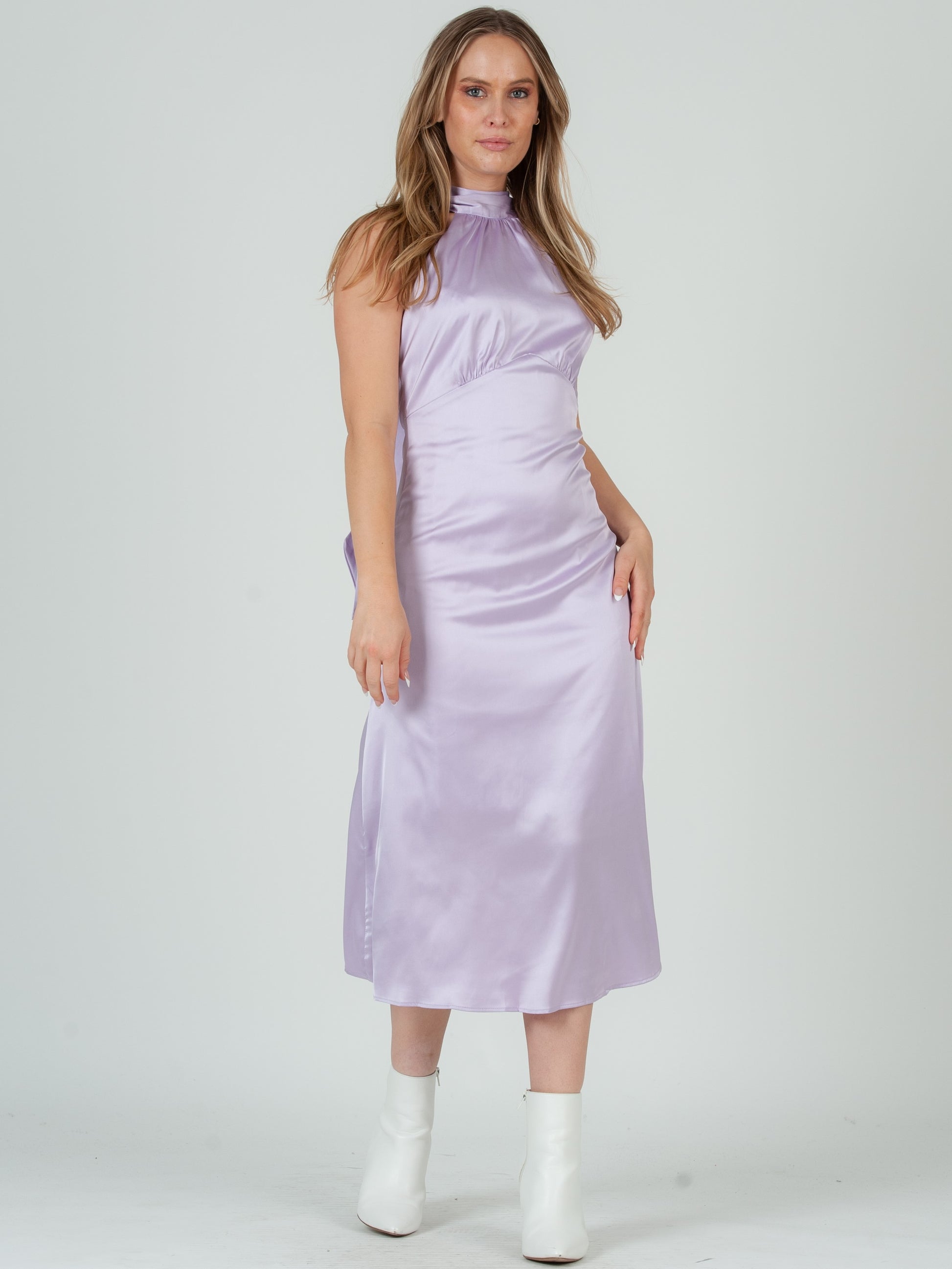 LINDSAY HALTER NECK MIDI DRESS-LILAC Lucca Couture LINDSAY HALTER NECK MIDI DRESS-LILAC Lucca Couture