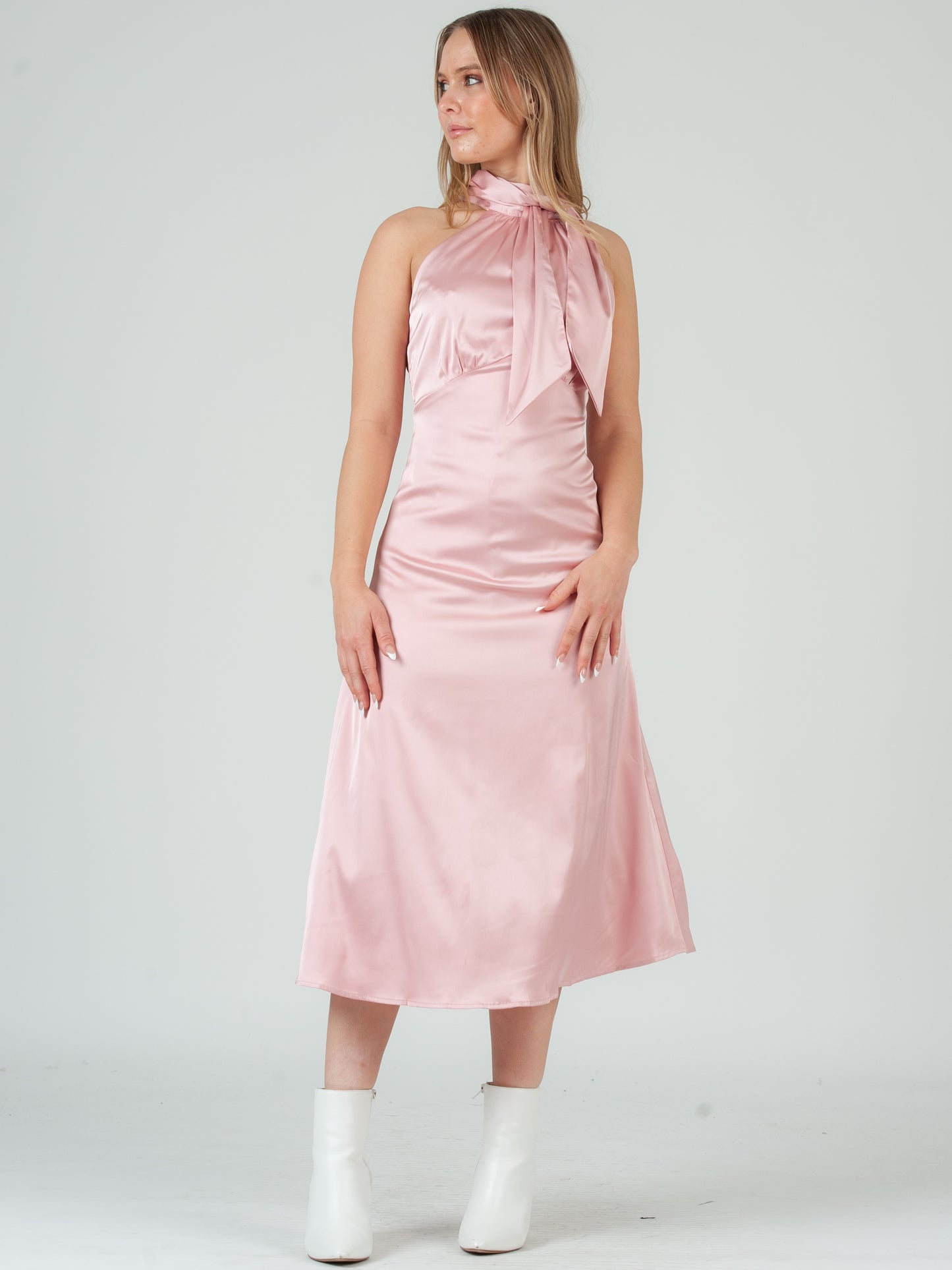 SATIN HALTER MIDI DRESS