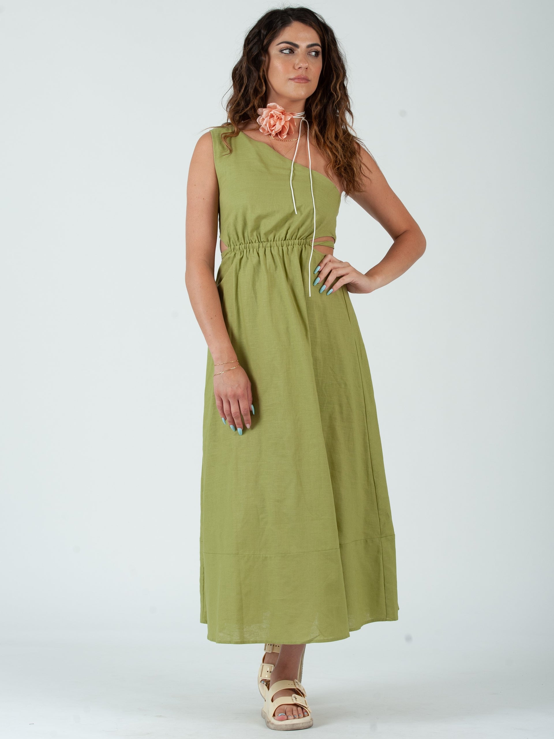 knee length dresses for ladies Women's Linen One Shoulder Midi Dress – Lucca Couture main image 0