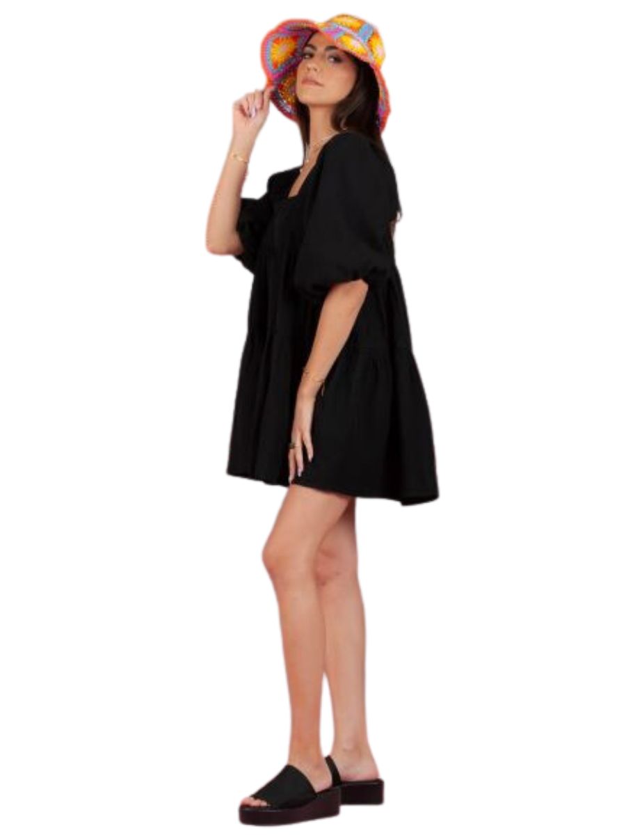 JEAN PUFF SLEEVE BABYDOLL DRESS-BLACK S JEAN PUFF SLEEVE BABYDOLL DRESS-BLACK S