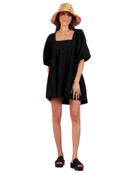 JEAN PUFF SLEEVE BABYDOLL DRESS-BLACK