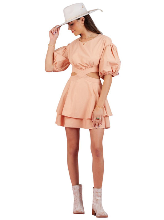 WHITNEY PUFF SLEEVE CUTOUT DRESS-D.CORAL