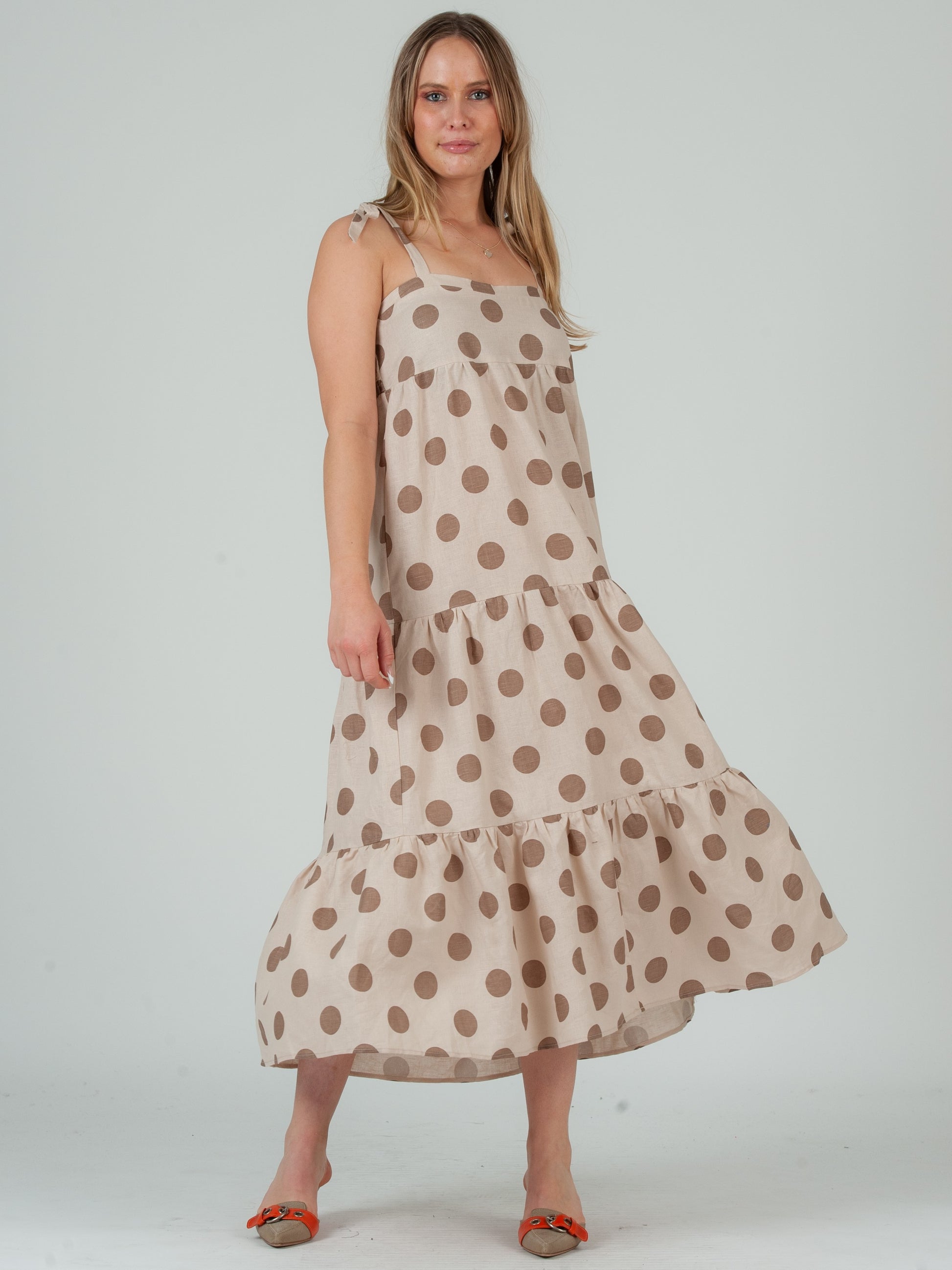 EMMELINE POLKA DOT TIE SHOULDER MAXI DRESS-MOCHA XS EMMELINE POLKA DOT TIE SHOULDER MAXI DRESS-MOCHA XS