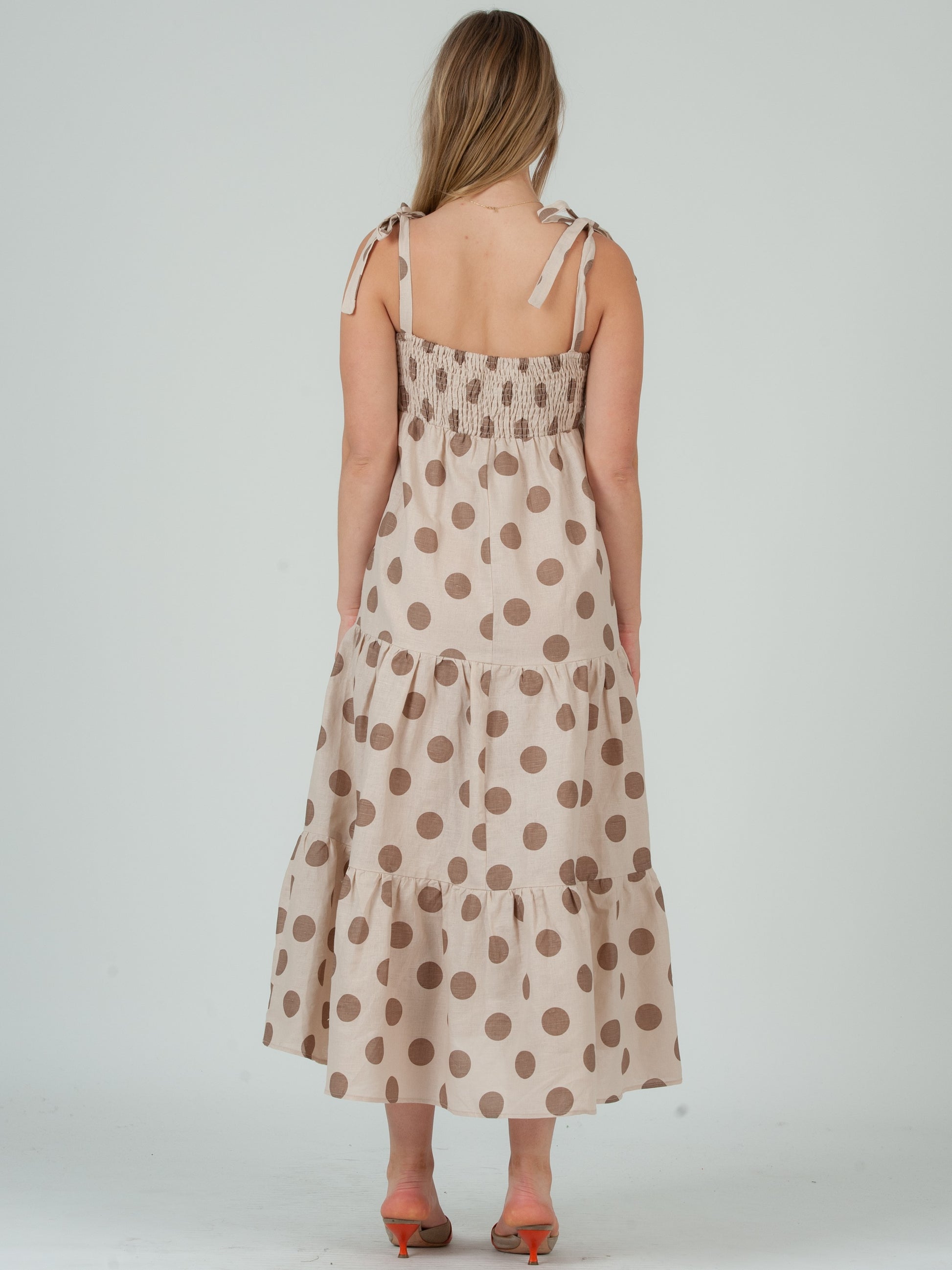 EMMELINE POLKA DOT TIE SHOULDER MAXI DRESS-MOCHA XS EMMELINE POLKA DOT TIE SHOULDER MAXI DRESS-MOCHA XS