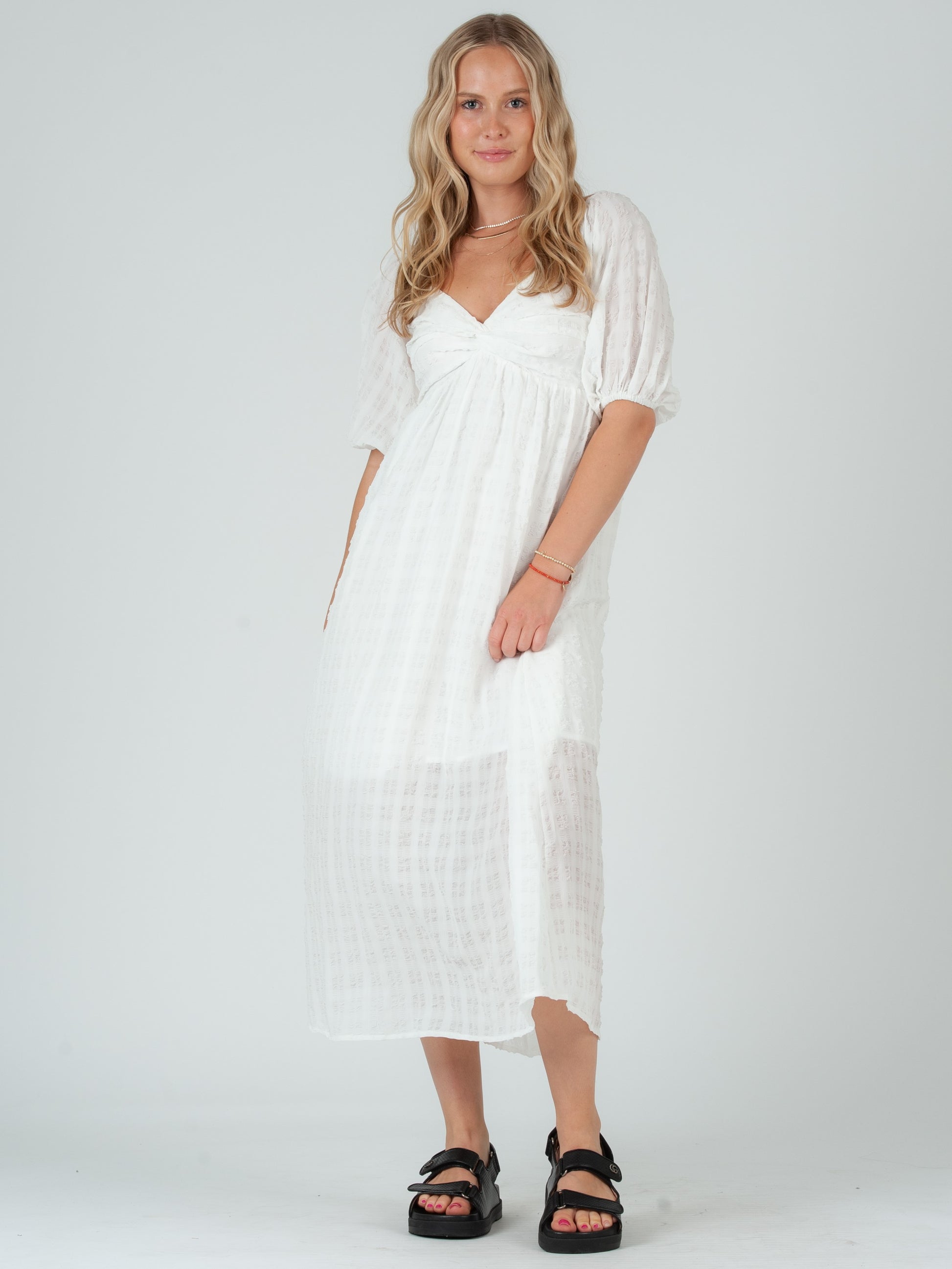 white midi summer dress with sleeves White Linen Midi Dress - Fitted Waist with Long Sleeves 3473