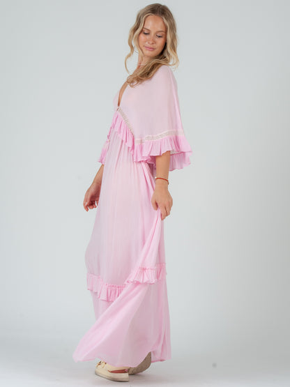 ESTELLE BOHO RUFFLE DRESS-PINK S ESTELLE BOHO RUFFLE DRESS-PINK S