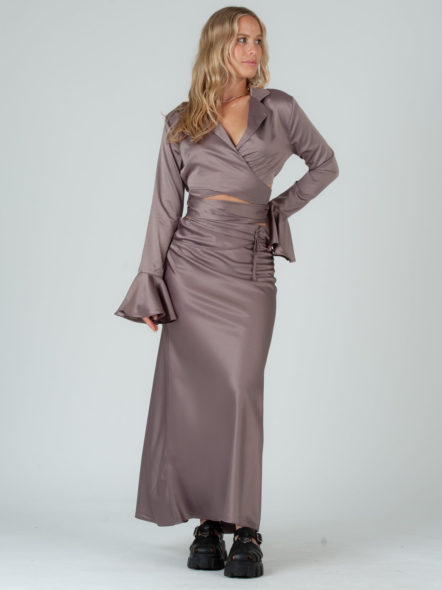 ELISA SATIN WRAP TOP AND SKIRT SET-TAMARIND PLUM
