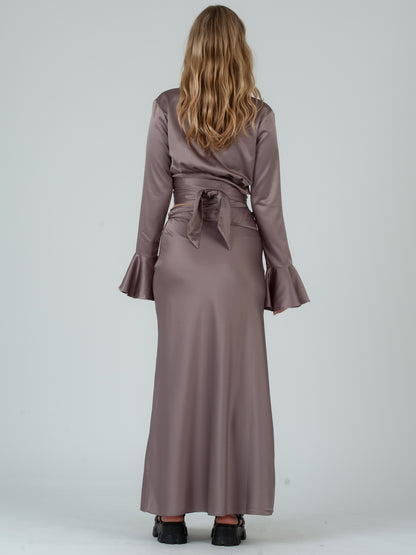 ELISA SATIN WRAP TOP AND SKIRT SET-TAMARIND PLUM