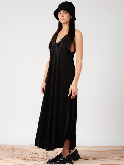 Women's Pleated Maxi Satin Dress