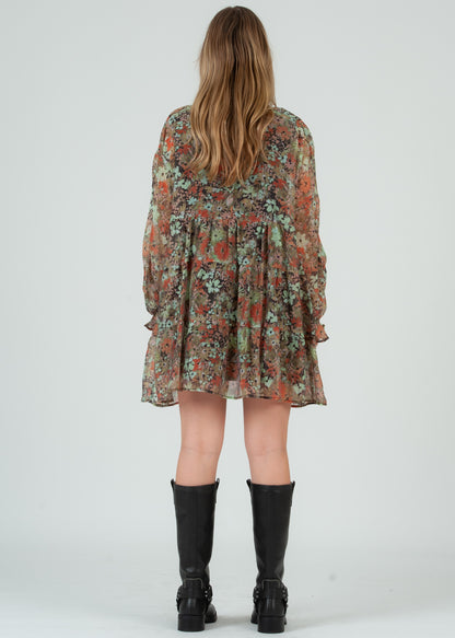 Women's Olive Floral Babydoll Dress