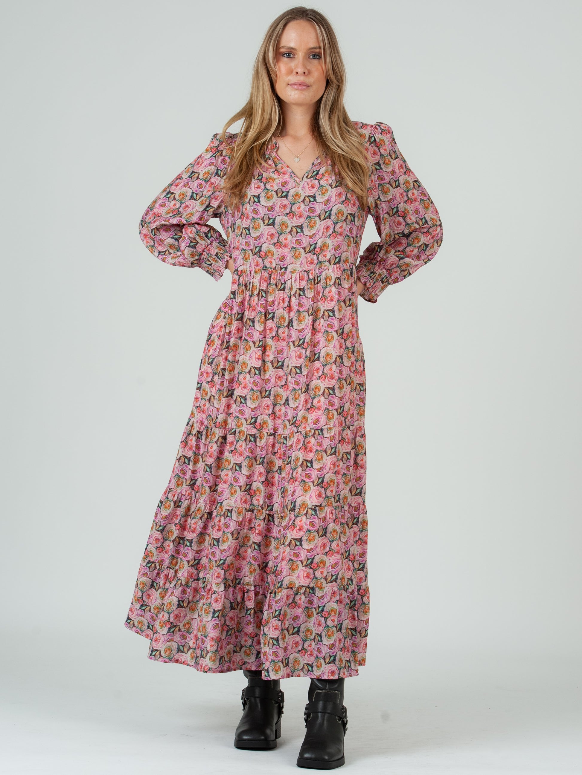 Women's Rose Floral Print Tiered Long Sleeve Maxi Dress S / Chartreuse Women's Rose Floral Print Tiered Long Sleeve Maxi Dress S / Chartreuse