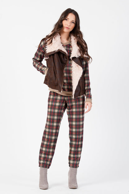 QUILTED JOGGER PANT-TAN RED PLAID