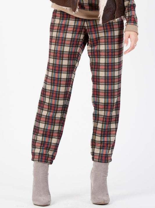 QUILTED JOGGER PANT-TAN RED PLAID