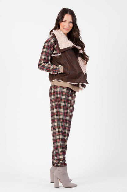 QUILTED JOGGER PANT-TAN RED PLAID