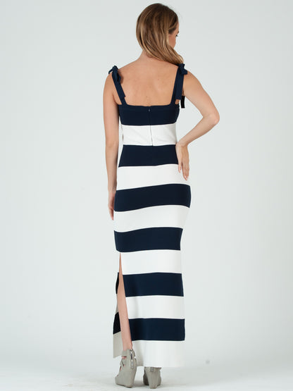 dark blue striped dress Blue Striped Belted Button Front Midi Dress - All Dresses