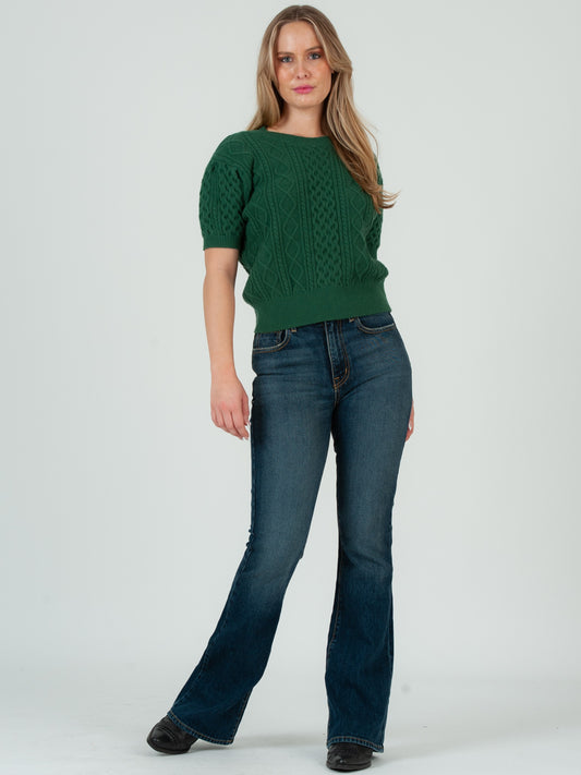 Women's Cable Knit Short Sleeve Sweater Top - Hunter Green