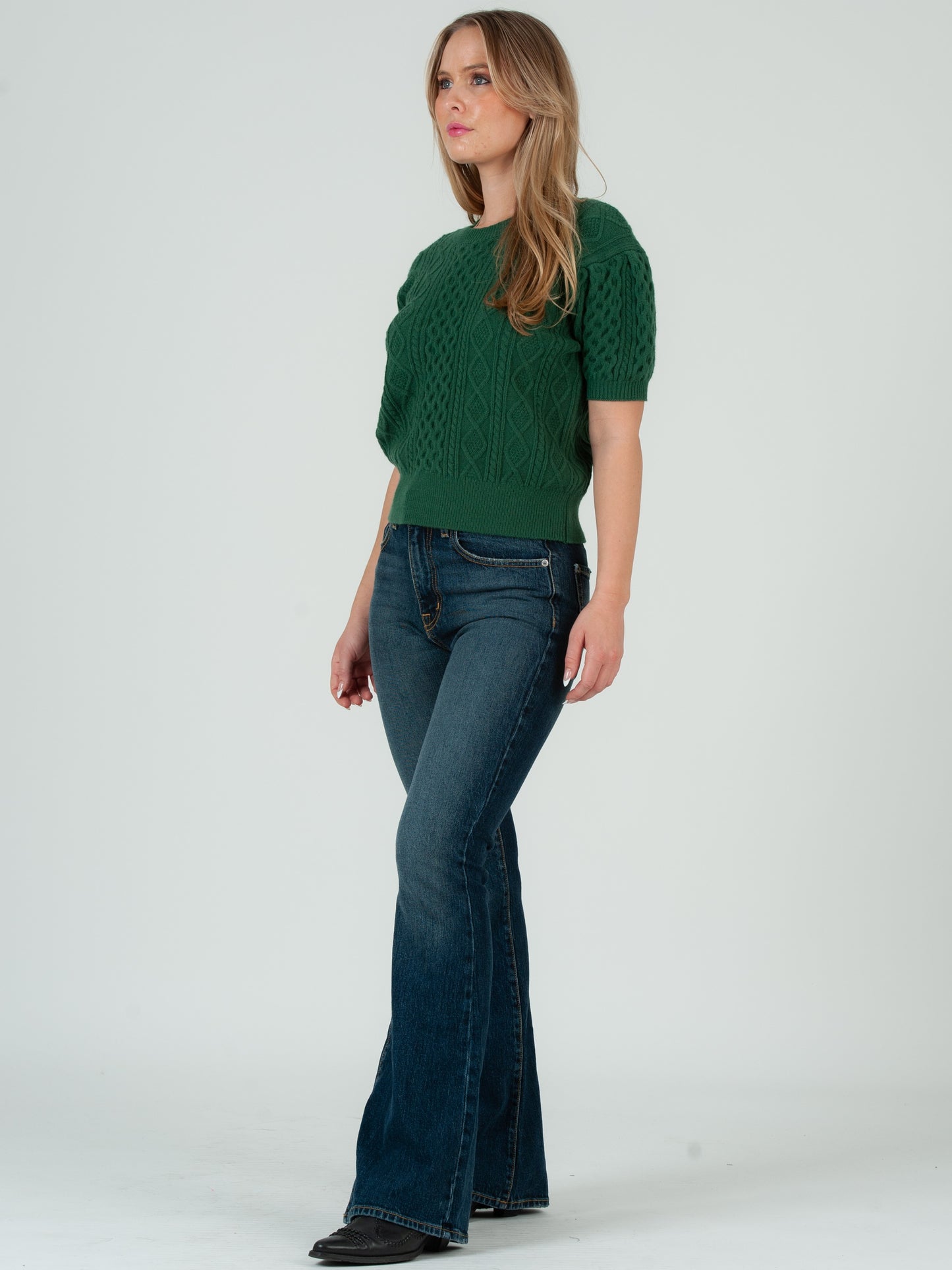 Women's Cable Knit Short Sleeve Sweater Top - Hunter Green