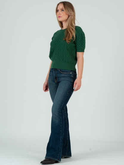Women's Cable Knit Short Sleeve Sweater Top - Hunter Green