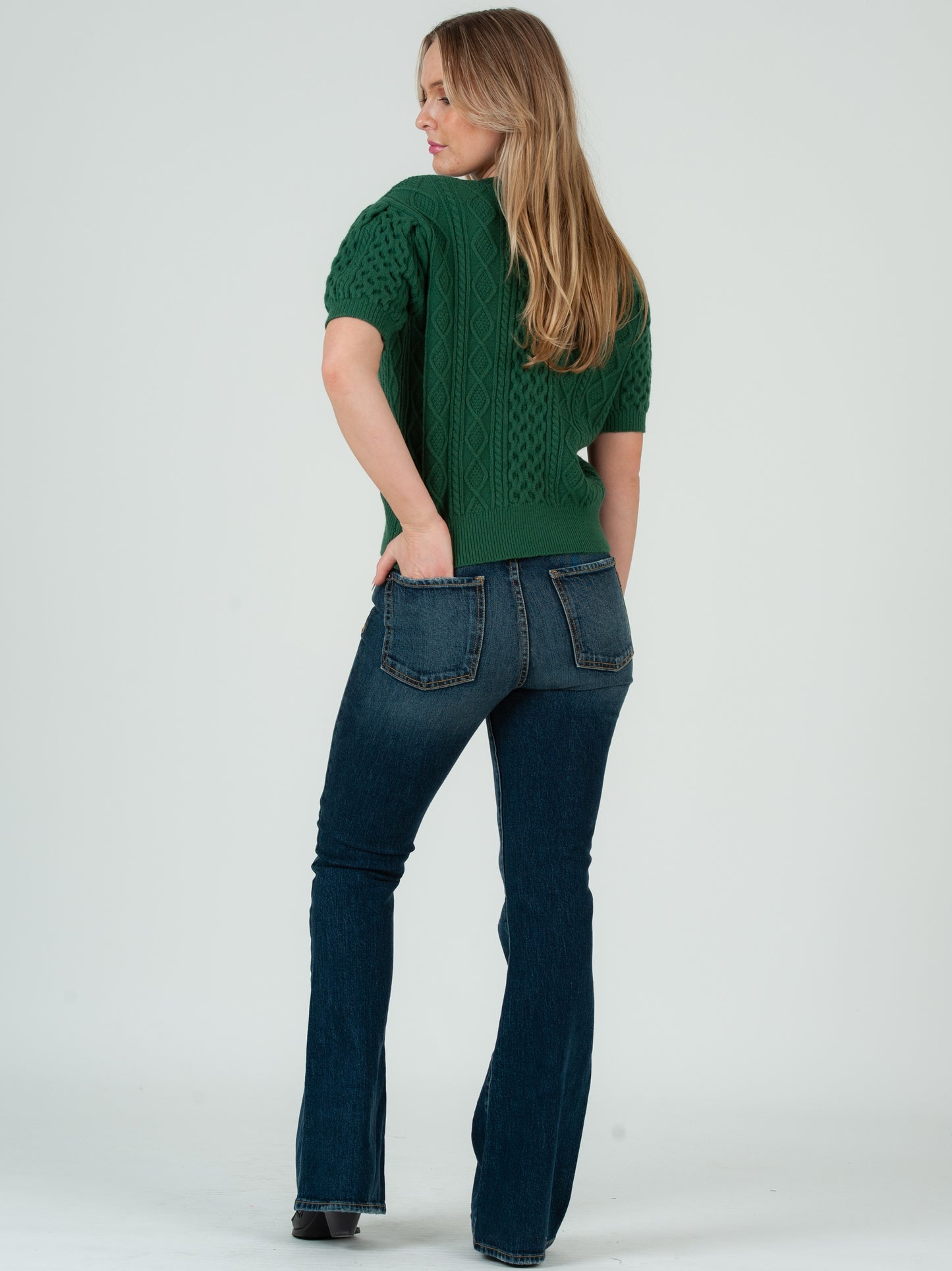 Women's Cable Knit Short Sleeve Sweater Top - Hunter Green