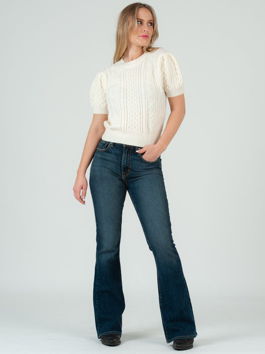 Women's Cable Knit Short Sleeve Sweater Top - Ivory