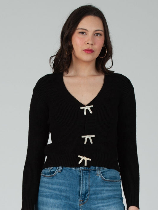 Women's Rhinestone Bow Button Cardigan