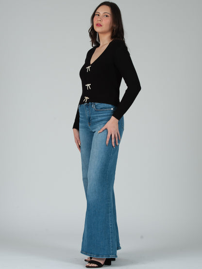 Women's Rhinestone Bow Button Cardigan