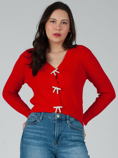 Women's Rhinestone Bow Button Cardigan
