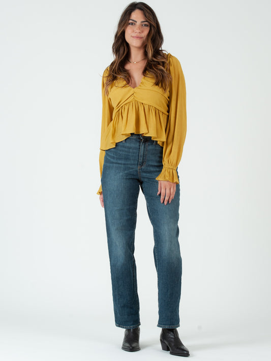 JANELLE FLUTTER HEM BLOUSE-CHARTREUSE