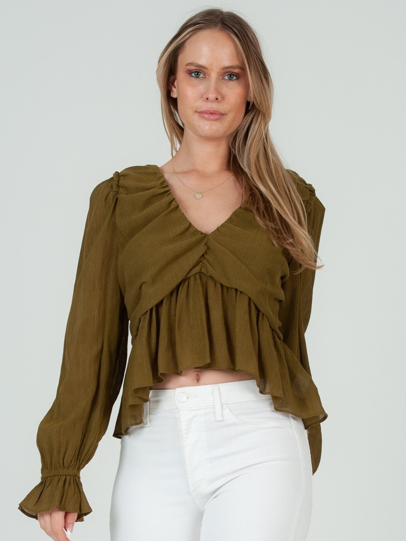 JANELLE FLUTTER HEM BLOUSE OLIVE