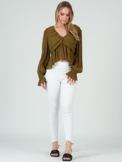 JANELLE FLUTTER HEM BLOUSE-OLIVE