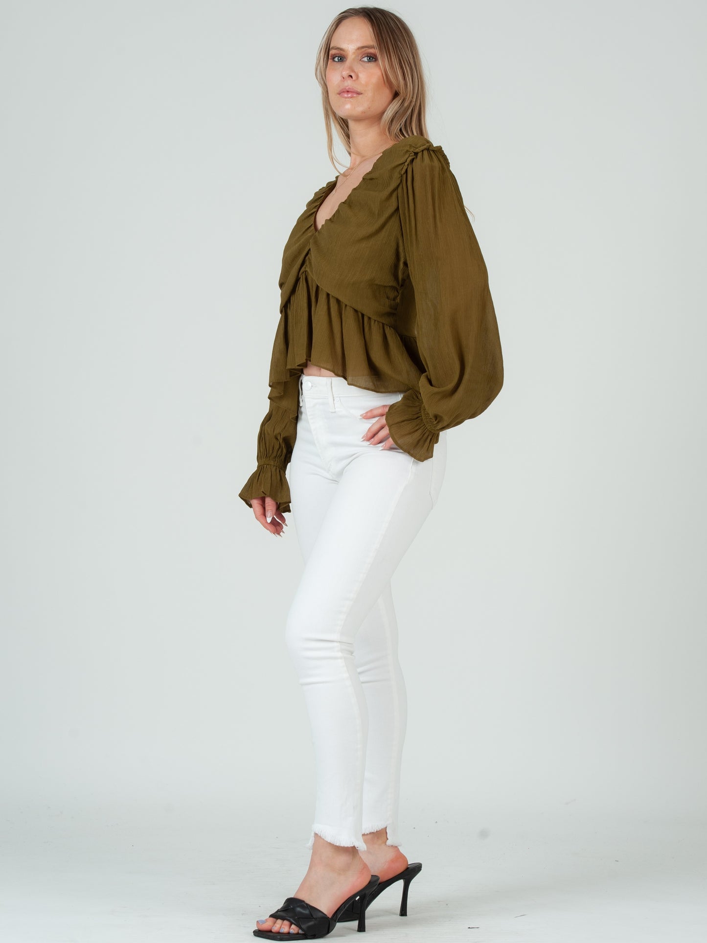 JANELLE FLUTTER HEM BLOUSE-OLIVE