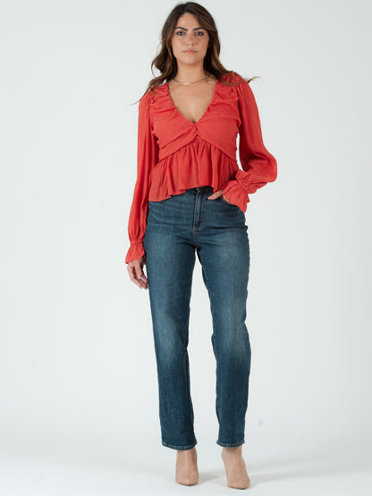 JANELLE FLUTTER HEM BLOUSE-PERSIMMON
