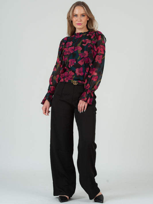 Women's Ruffle Front Long Sleeve Floral Blouse, Fuschia