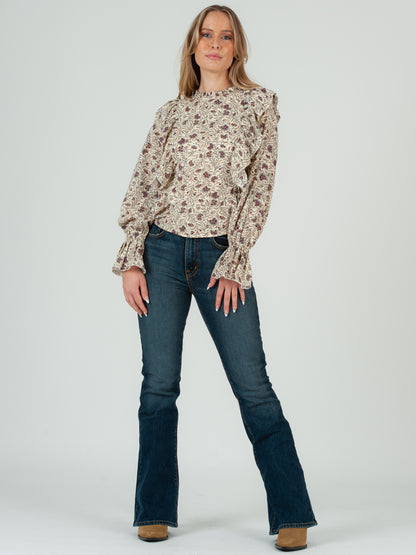 Women's Ruffle Front Long Sleeve Floral Blouse, Ivory