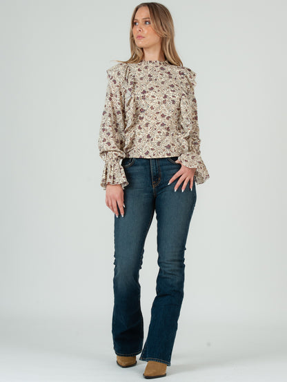 Women's Ruffle Front Long Sleeve Floral Blouse, Ivory