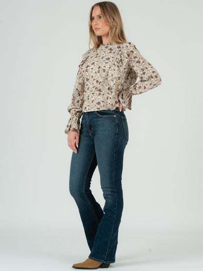 Women's Ruffle Front Long Sleeve Floral Blouse, Ivory