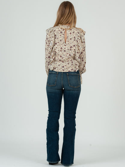 Women's Ruffle Front Long Sleeve Floral Blouse, Ivory