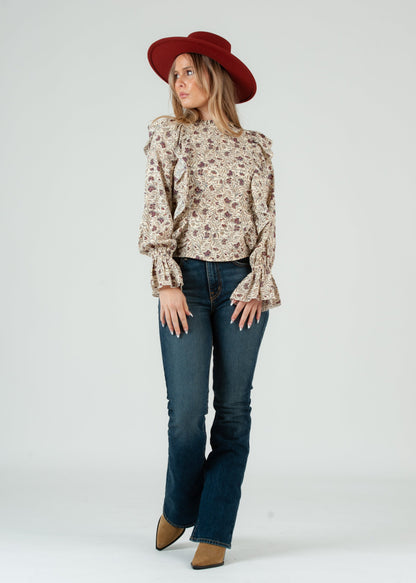 Women's Ruffle Front Long Sleeve Floral Blouse, Ivory