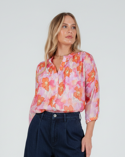 Women's Pink Floral Tencel pintuck blouse – Lucca Couture
